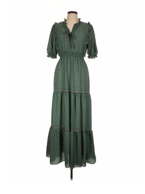 Max Studio Dark Green Printed Tiered Maxi Dress with Tie Neck